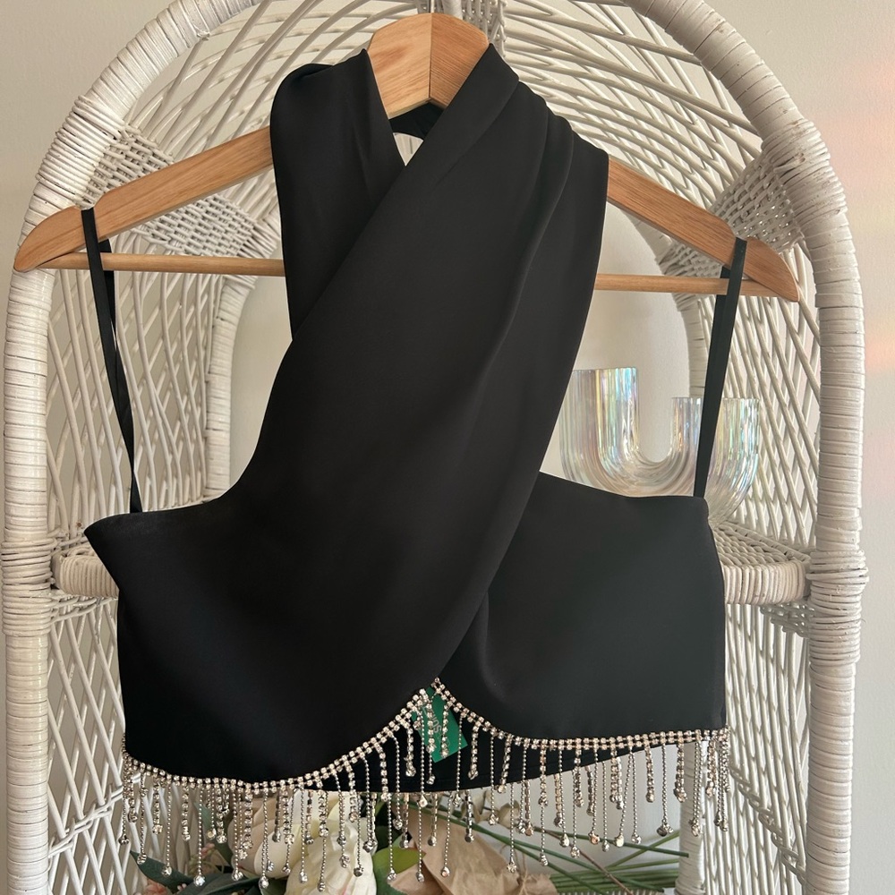 Something New Glitter Tasseled Halter Crop Top - Size S